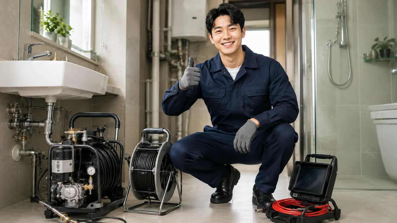 인천 싱크대막힘 작업복 기술자와 고압세척기·배관내시경 전문 장비